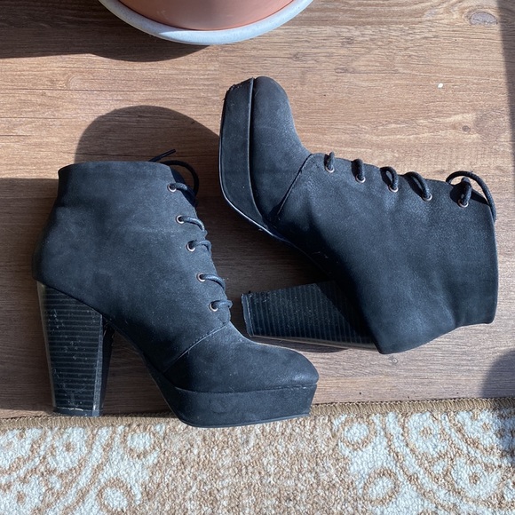 Platform black boots faux suede wooden block heel lace up fall booties - Picture 6 of 8